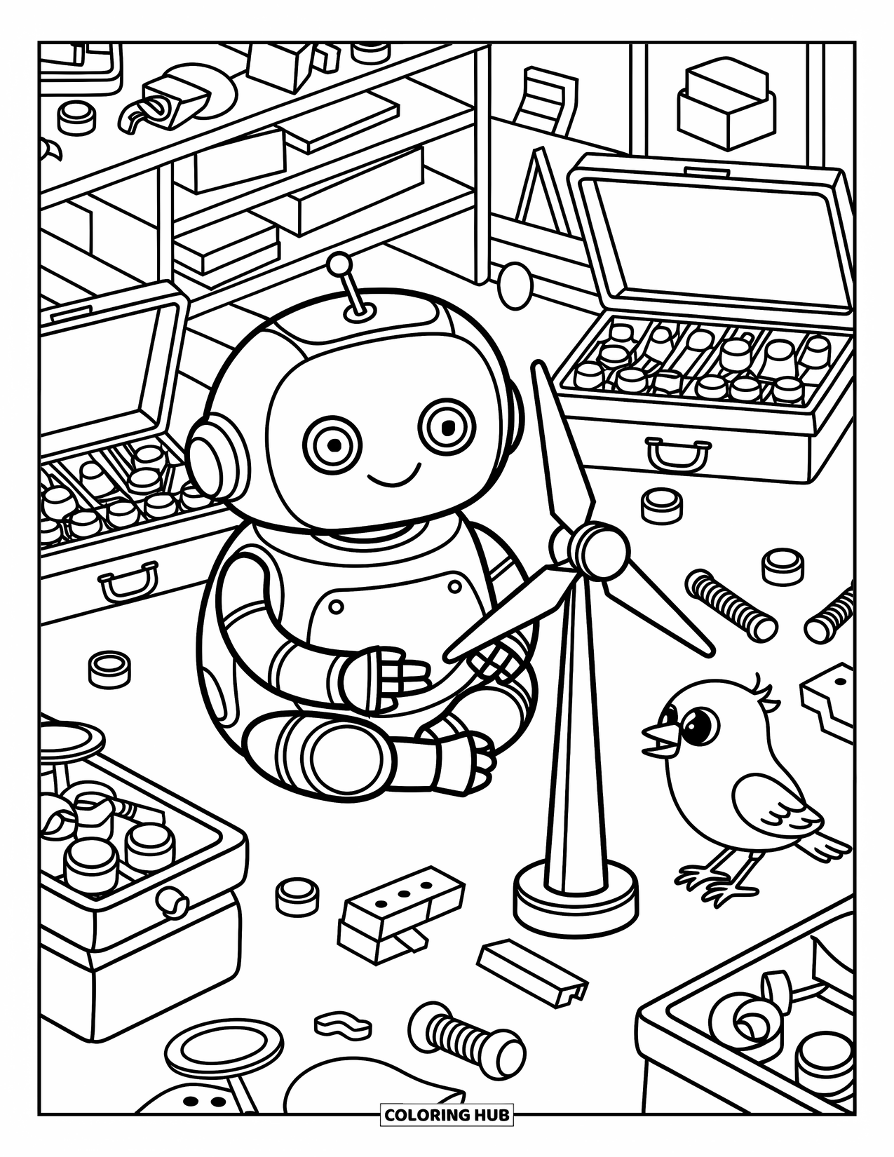 Science Coloring Page for Adults: Robot with button eyes builds wind turbine as a bird looks on in a warm workshop