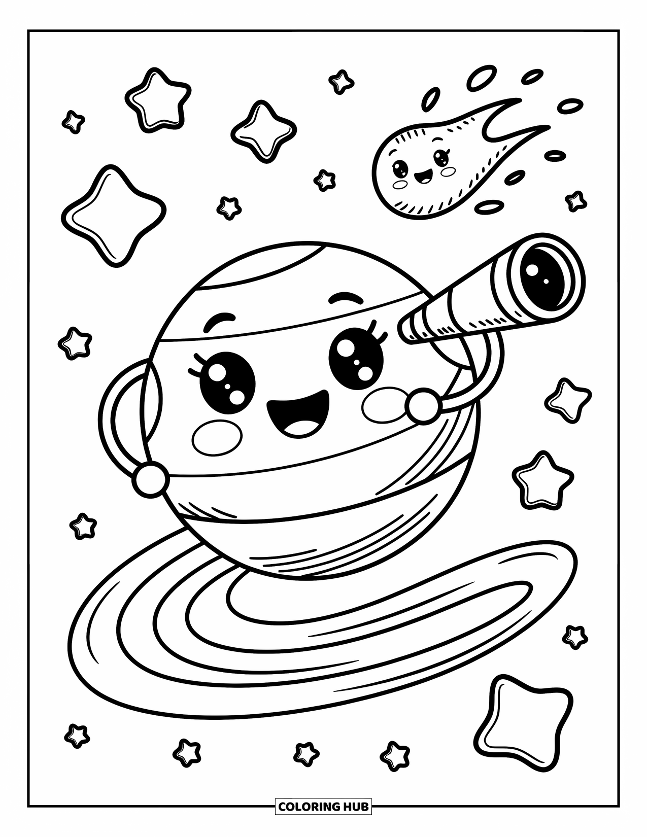 Science Coloring Page for Adults: Round planet holding a telescope watches stars as a playful comet passes in the background