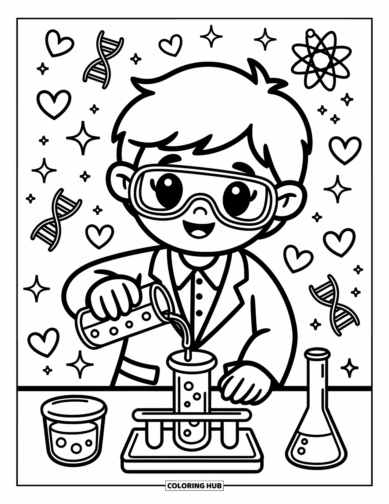 Science Coloring Page for Adults: Scientist with goggles pours into a test tube among atoms, hearts, and DNA doodles