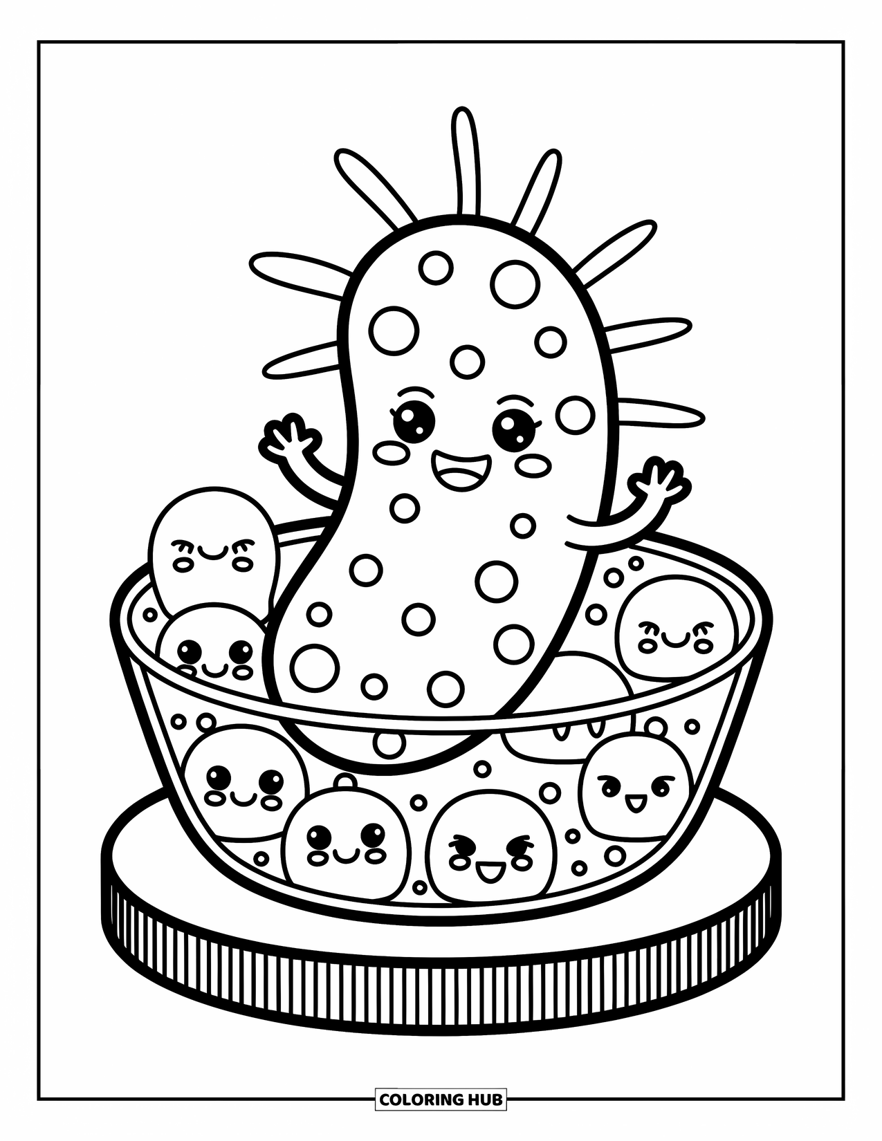 Science Coloring Page for Adults: Smiling bacterium giggles in a petri dish with microscopic friends and cozy lab setup