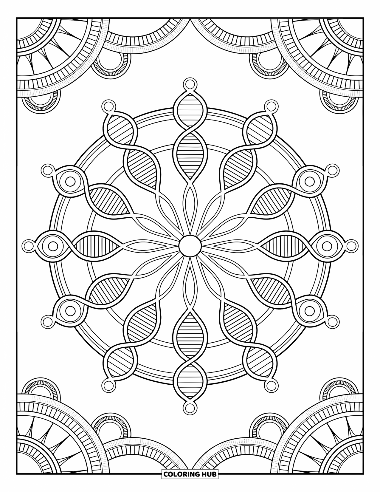 Science Coloring Page for Adults: Symmetrical mandala filled with DNA strands, molecules, and peaceful detail