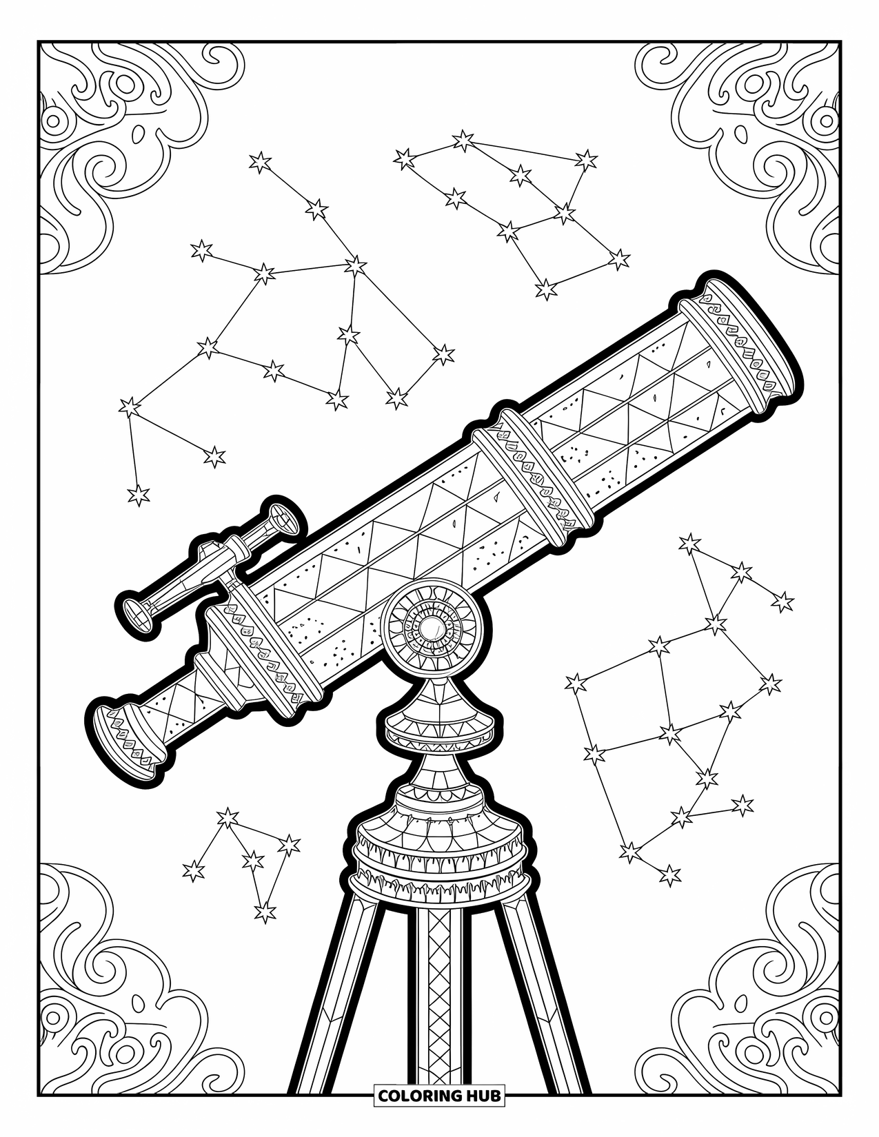 Science Coloring Page for Adults: Telescope aimed at constellations framed by delicate patterns and dreamy swirls