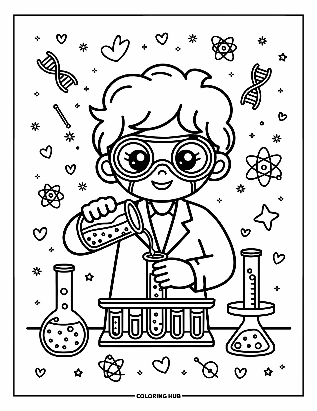 Science Coloring Page for Adults: Young scientist pours bubbly liquid into a test tube surrounded by floating doodles