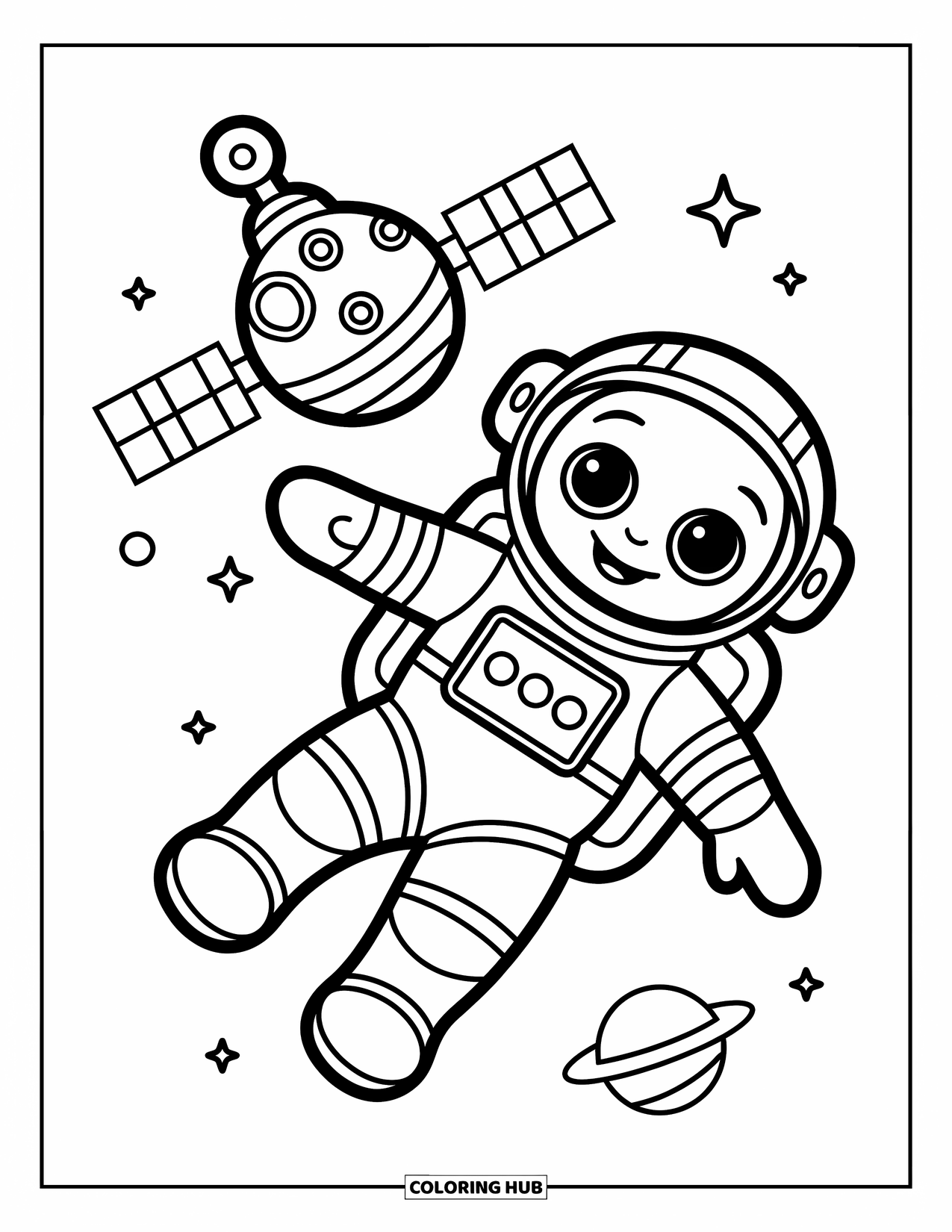 Science Coloring Page for Kids: A cheerful astronaut floats near a satellite, surrounded by stars and planets