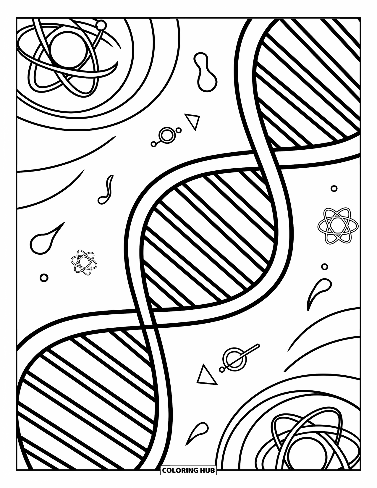 Science Coloring Page for Kids: A DNA helix surrounded by atoms and symbols in a vibrant, flowing design