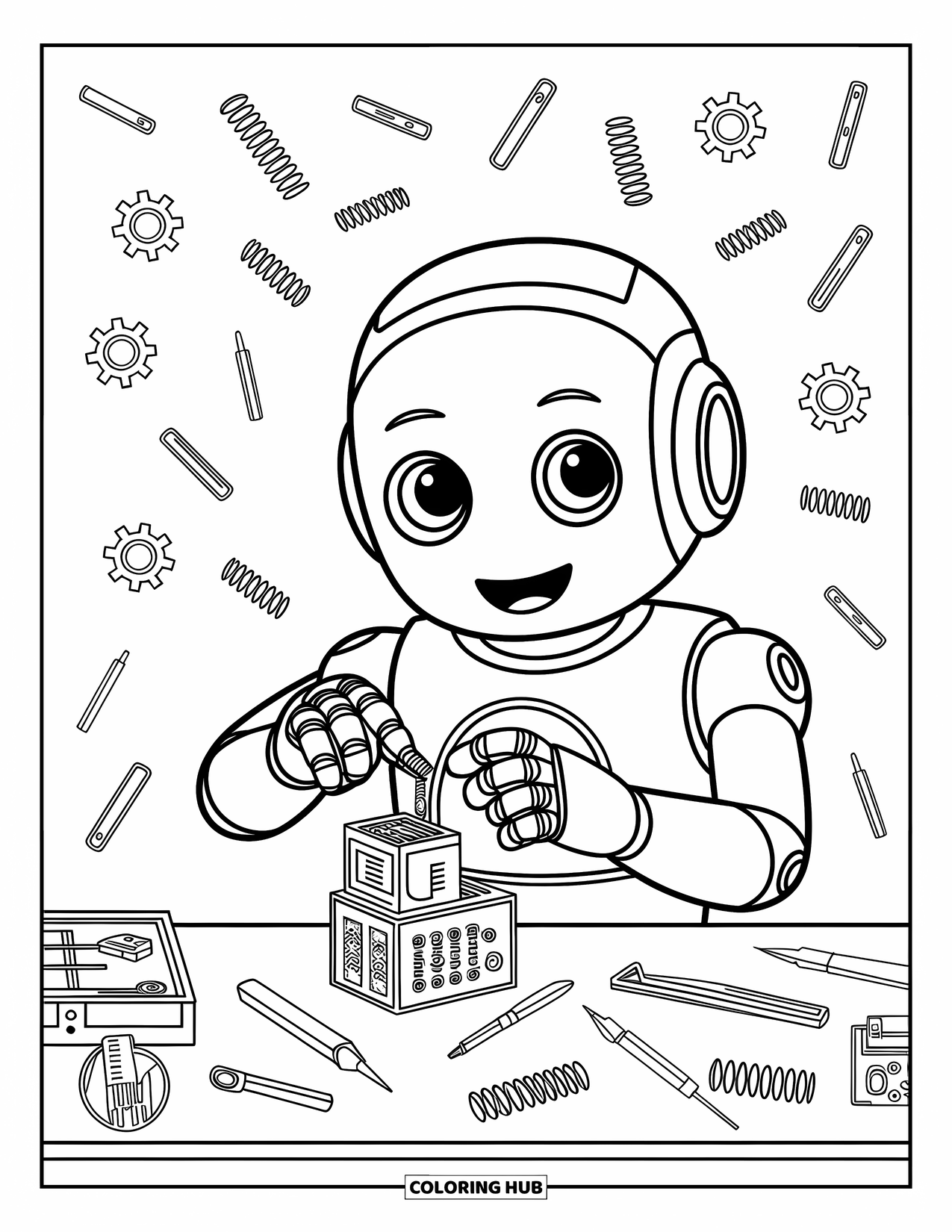 Science Coloring Page for Kids: A robot builds a gadget at a tool-filled bench with gears and springs