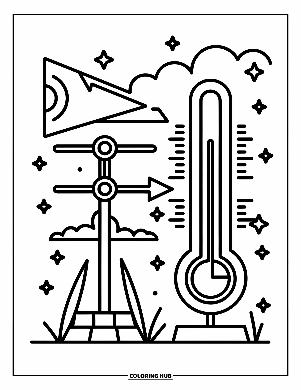 Science Coloring Page for Kids: A sleek weather station with gauges and wind vanes surrounded by drifting stars and clouds