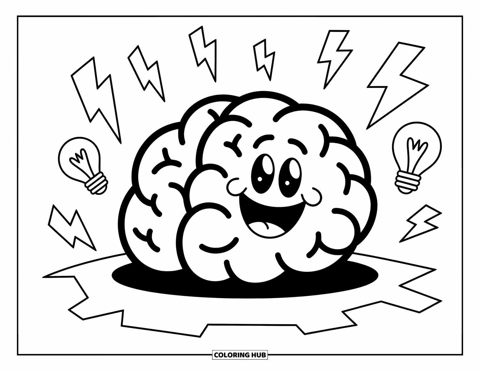 Science Coloring Page for Kids: A smiling brain sits happily with light bulbs and lightning bolts swirling around