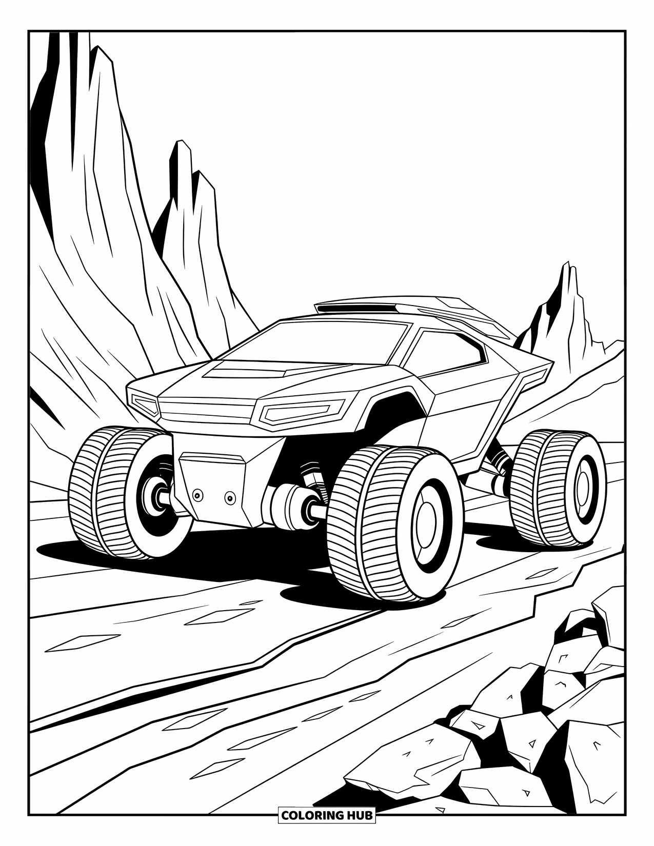 Science Coloring Page for Kids: A space rover rolls through alien ground, ready for exploration and discovery