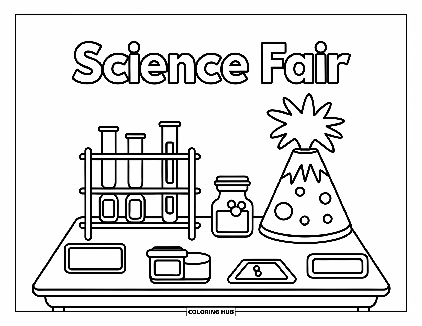 Science Coloring Page for Kids: A table filled with bubbling beakers and a wild volcano steals the show