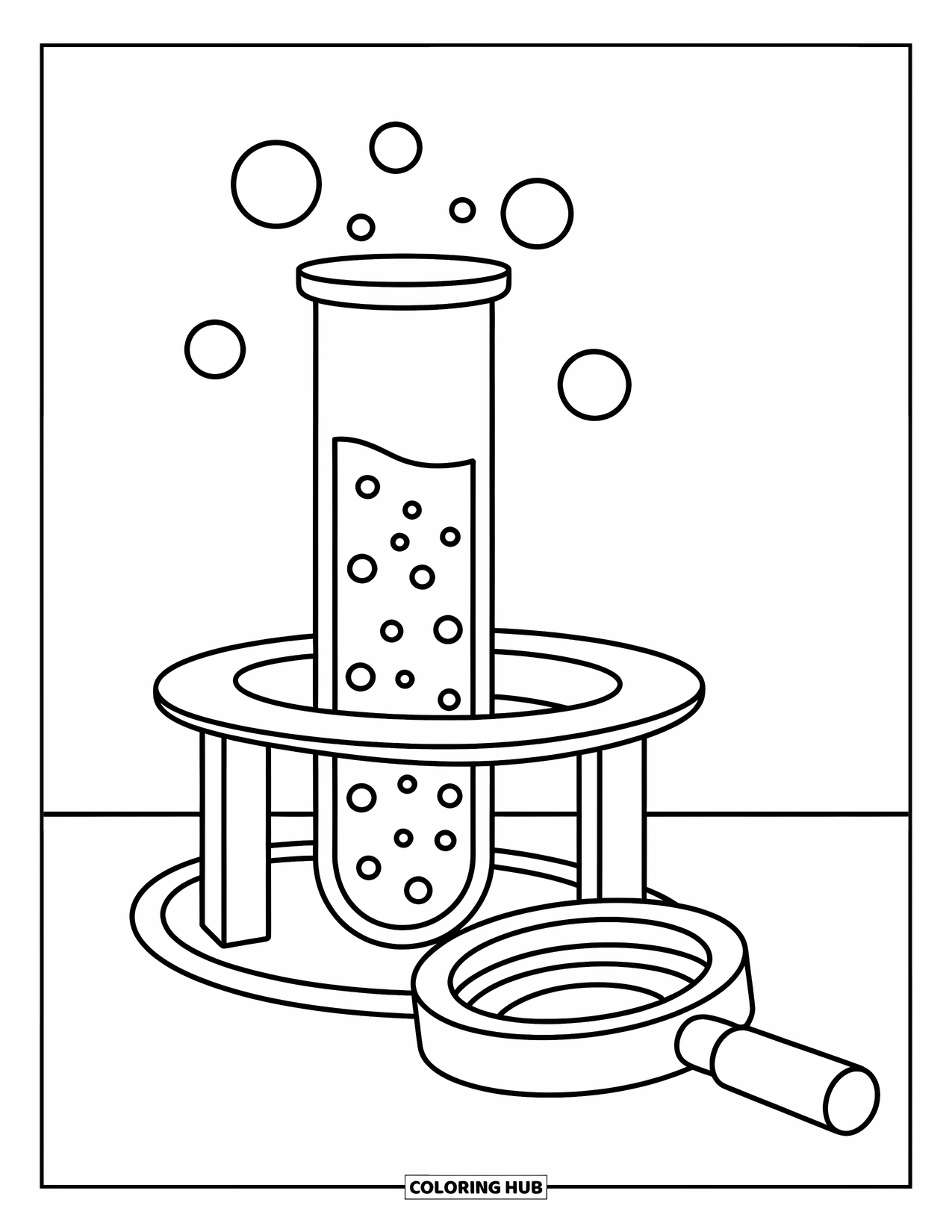 Science Coloring Page for Kids: A test tube full of bubbles and a magnifying glass invite curiosity