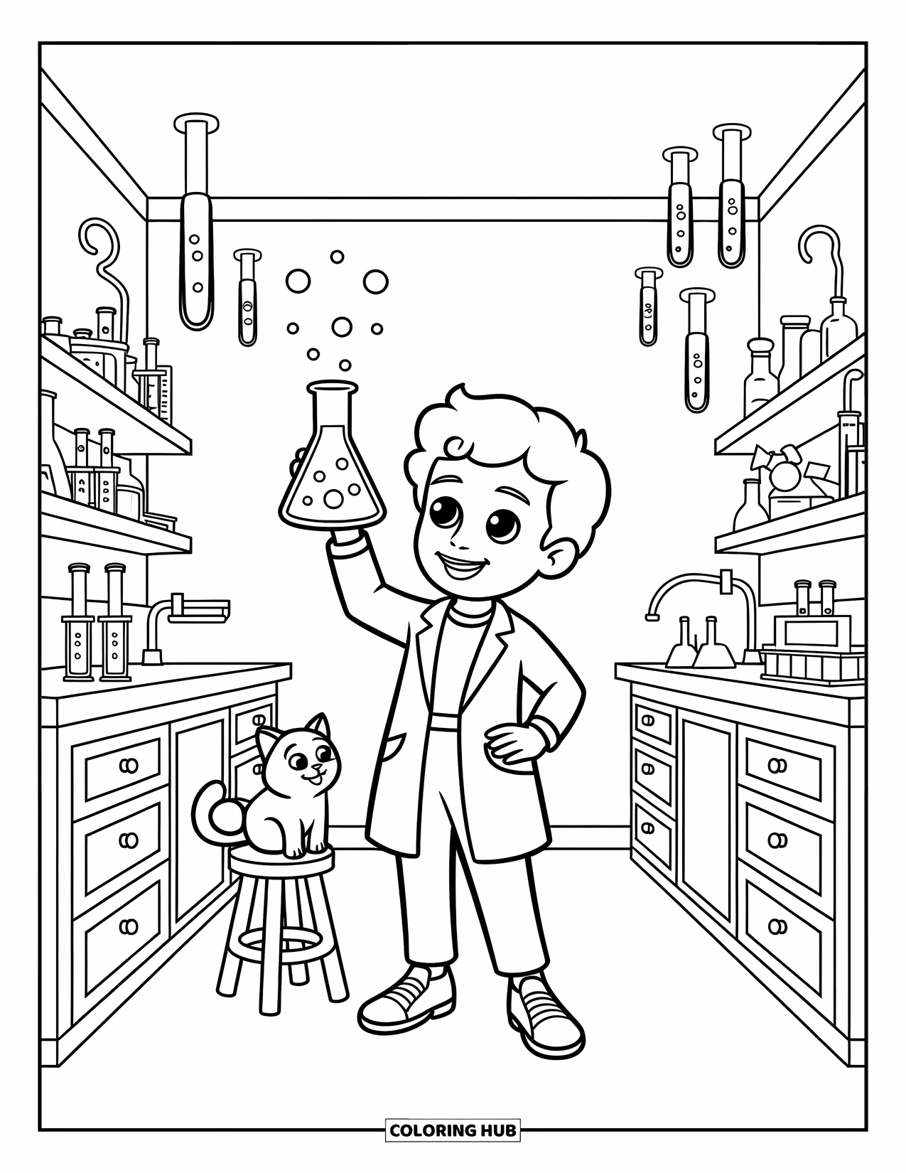 Science Coloring Page for Kids: A young scientist mixes experiments in a lab with floating tools and a curious cat