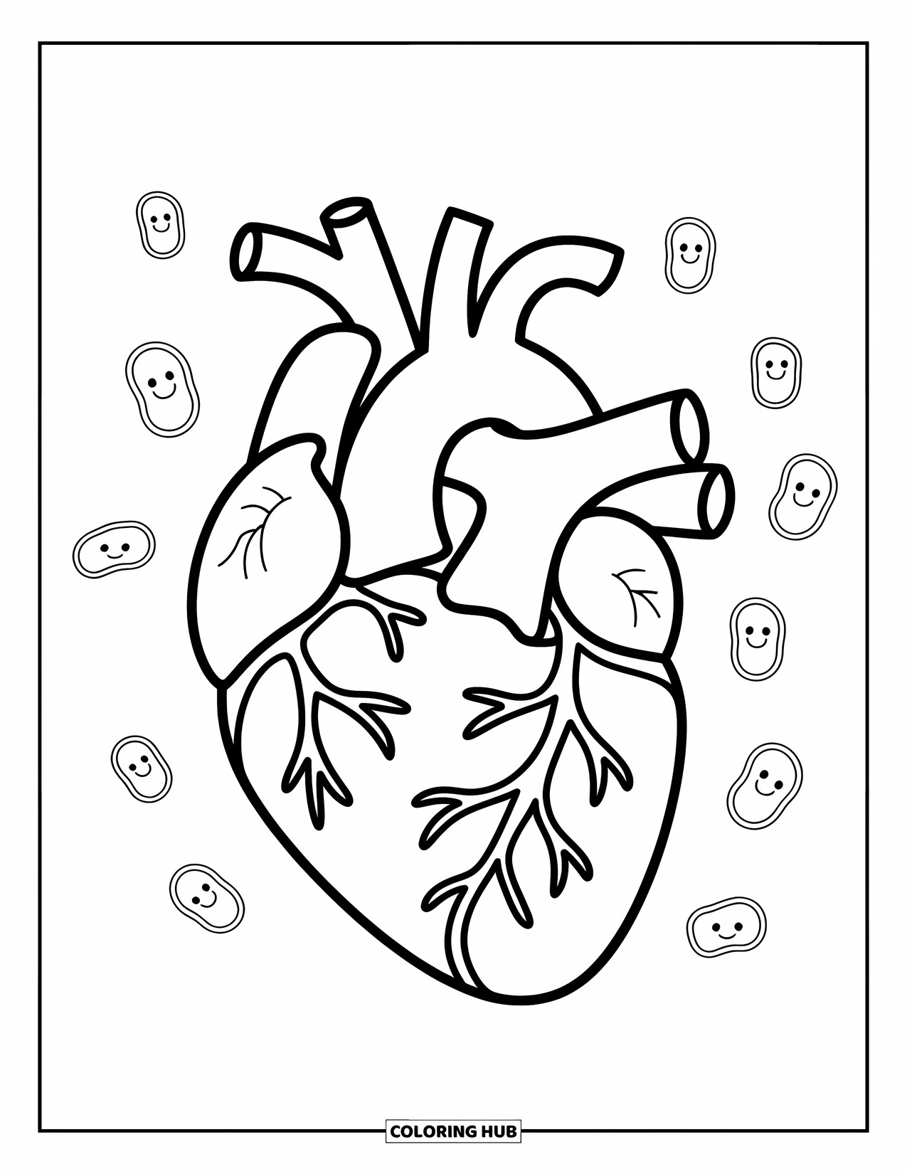 Science Coloring Page for Kids: Anatomical heart with winding veins and playful blood cells floating nearby