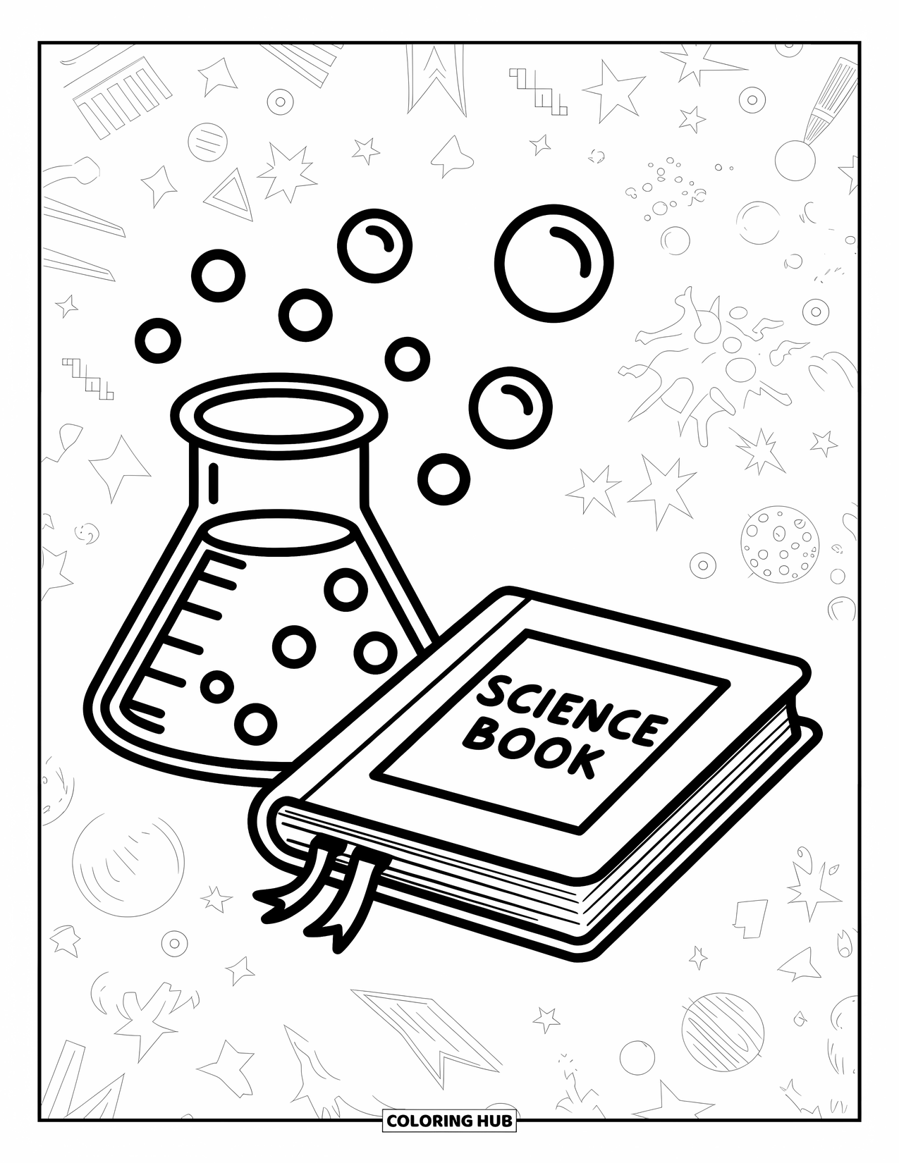 Science Coloring Page for Kids: Beaker bubbles next to a fun science book full of imagination