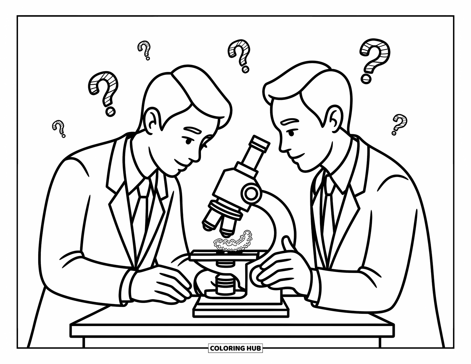 Science Coloring Page for Kids: Biologist and physicist study a tentacled organism in a cozy, gear-filled lab