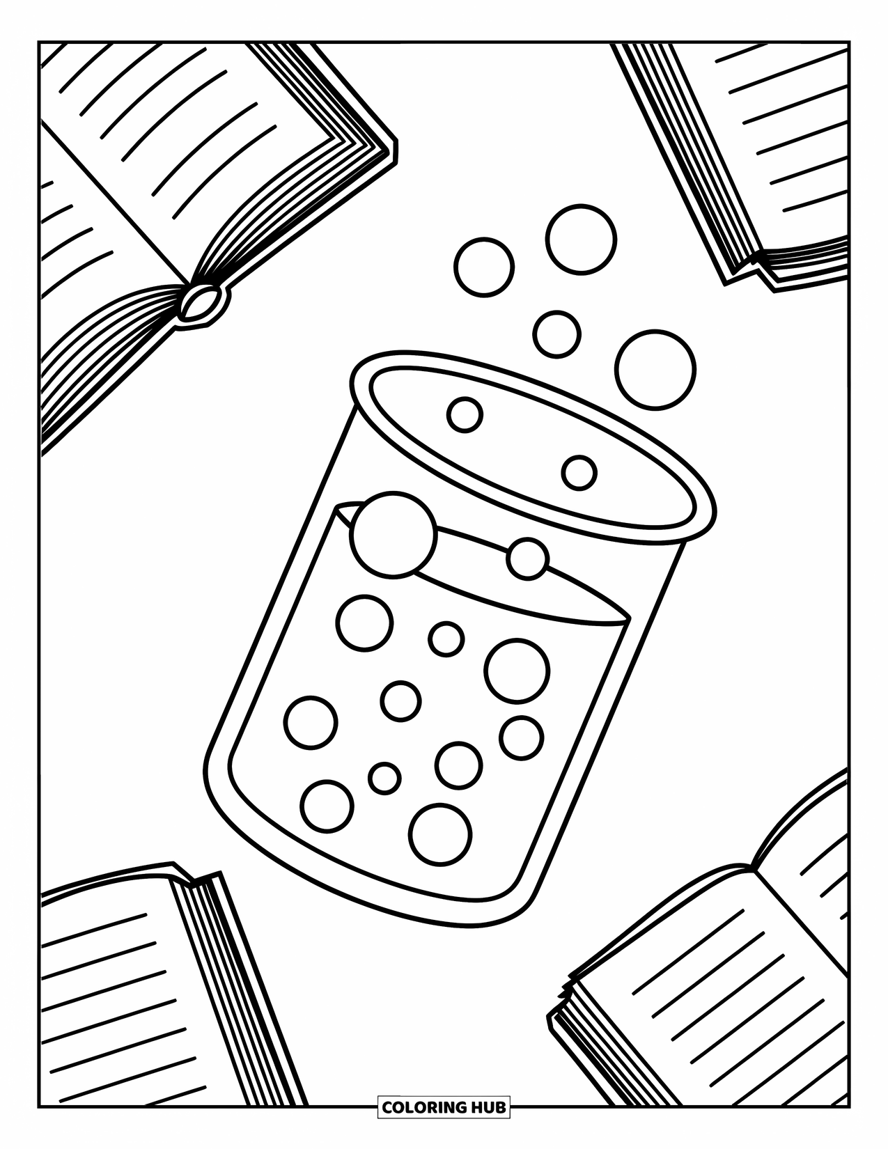 Science Coloring Page for Kids: Bubbly beaker and open book invite playful curiosity and fun