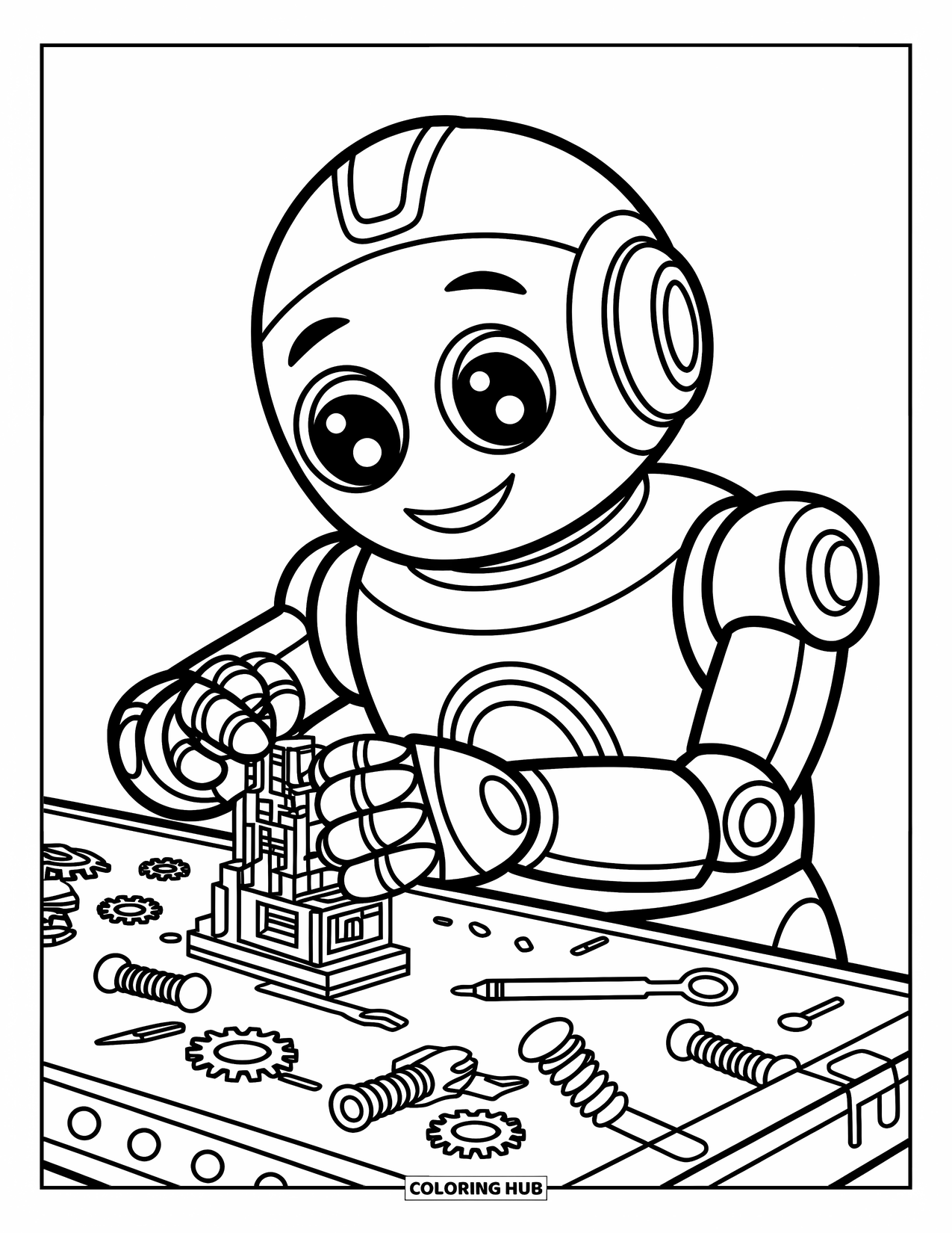 Science Coloring Page for Kids: Cheerful robot assembles a device at a cluttered, playful workstation