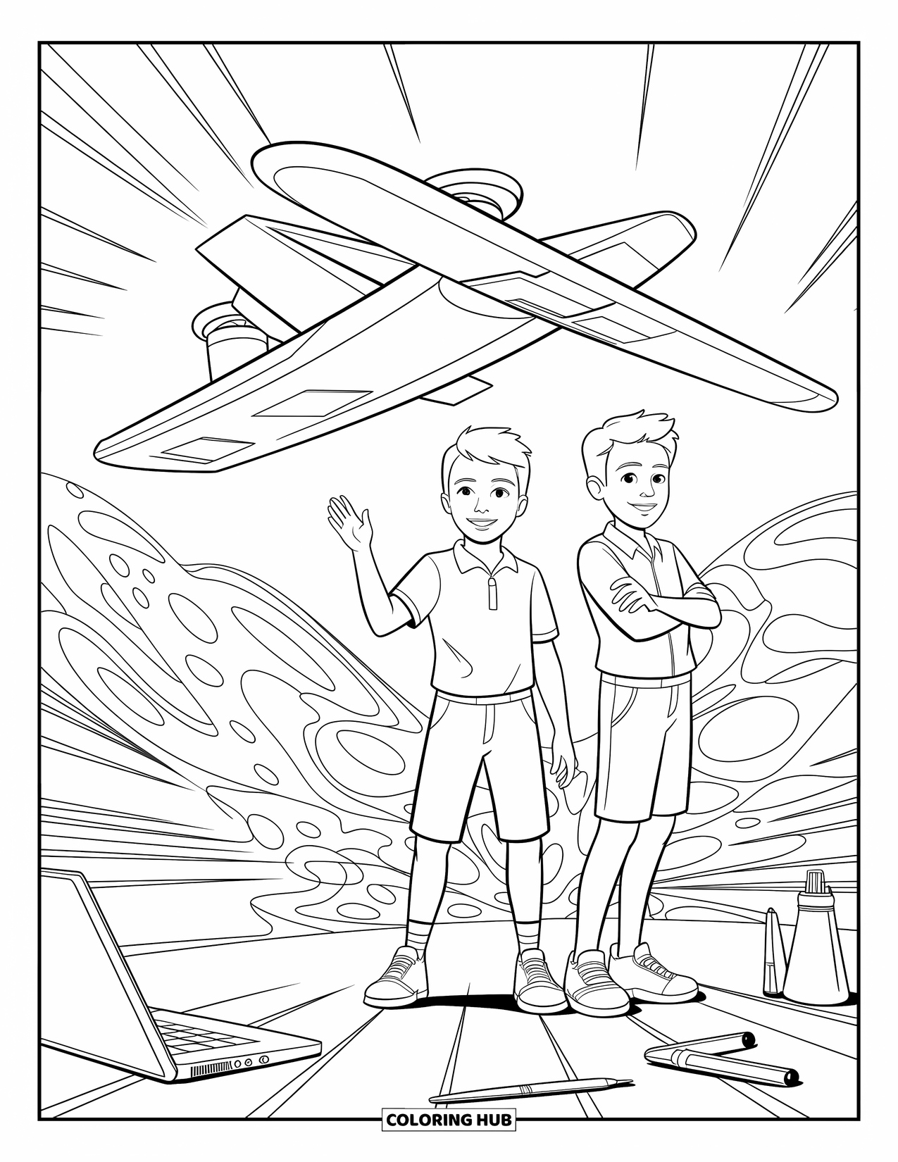 Science Coloring Page for Kids: Excited inventors test a flying drone with wide eyes and scattered gear
