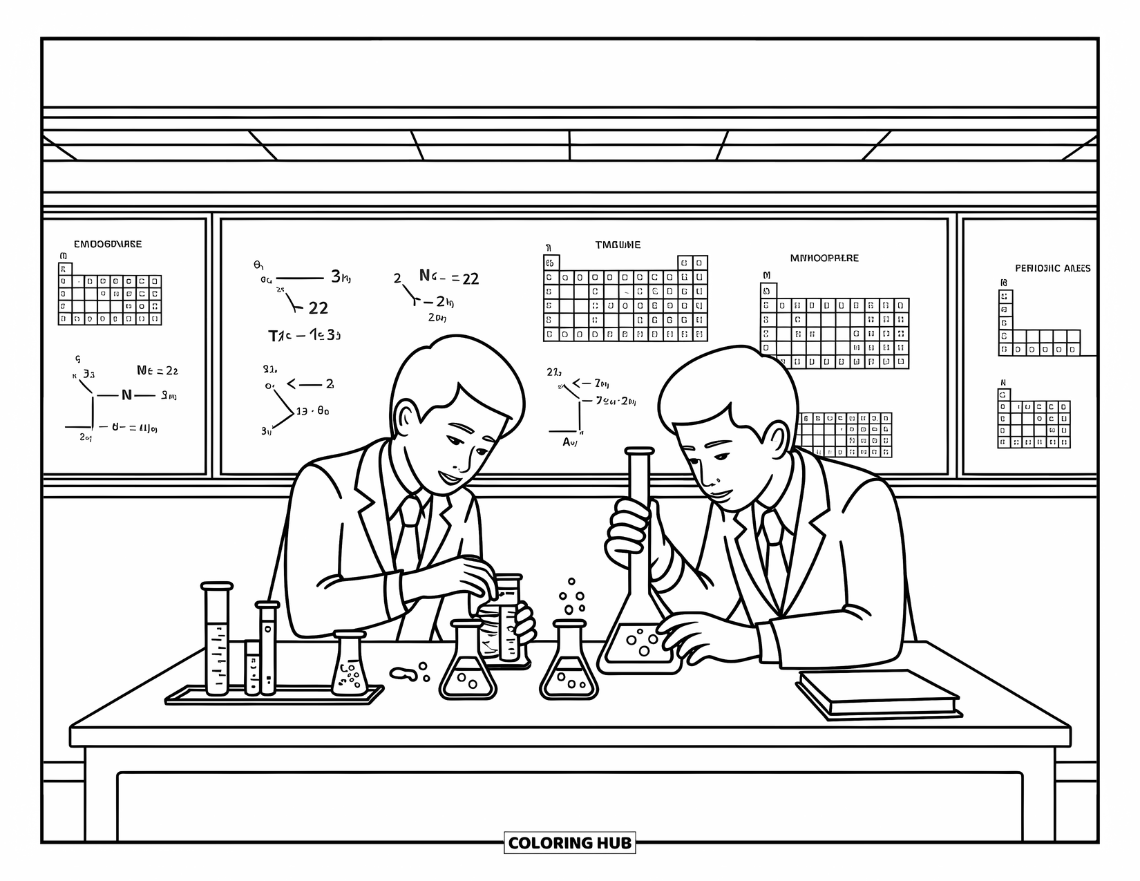 Science Coloring Page for Kids: Experimenting students explore science at a table packed with ideas and reactions