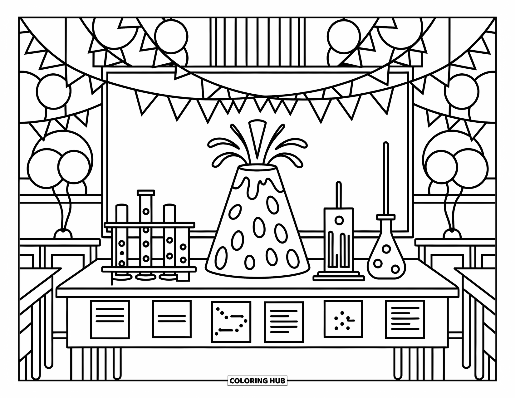 Science Coloring Page for Kids: Festive science fair table with experiments, balloons, and a tall erupting volcano