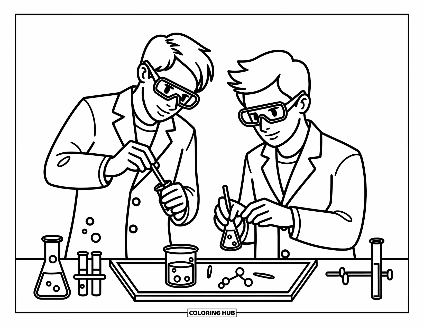 Science Coloring Page for Kids: Focused scientists work together in a busy lab filled with bubbling flasks and ideas