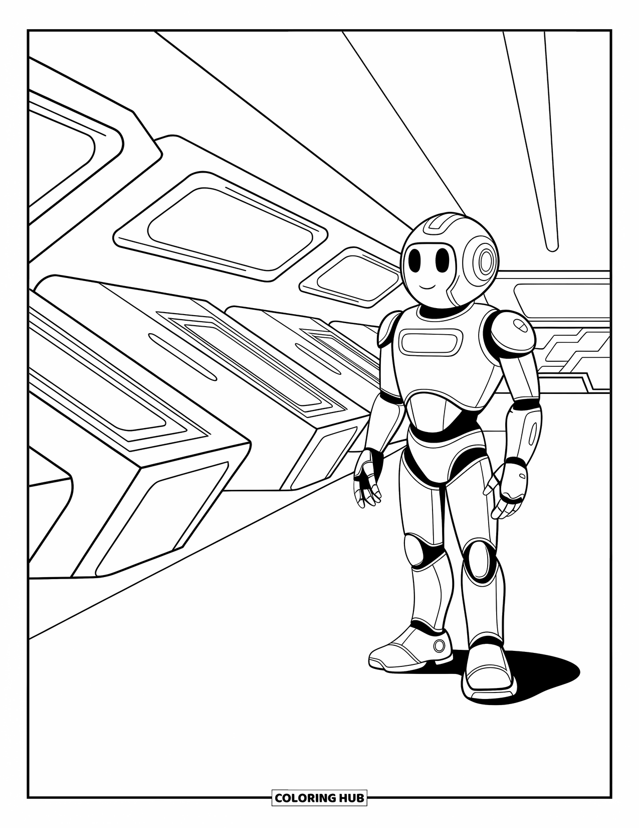 Science Coloring Page for Kids: Friendly robot stands by glowing screens in a futuristic lab