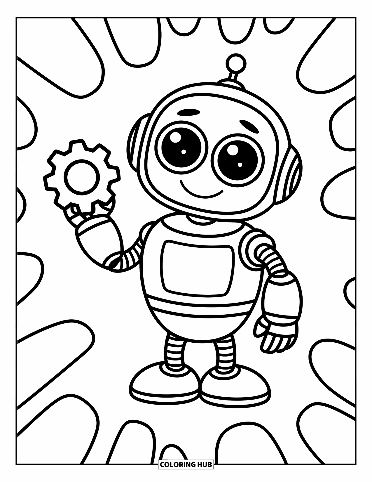 Science Coloring Page for Kids: Friendly robot with big eyes holds a gear in a playful scene