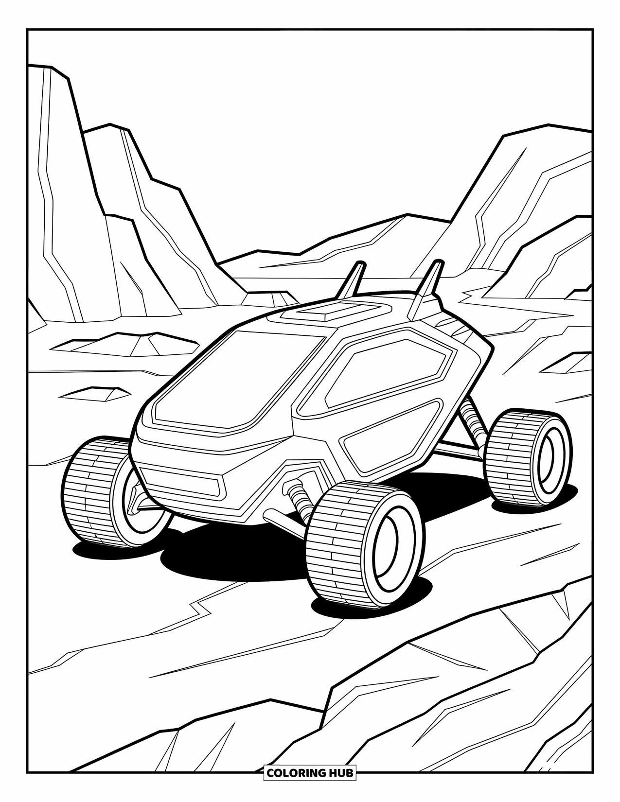 Science Coloring Page for Kids: Futuristic space rover travels across rocky terrain on an alien world