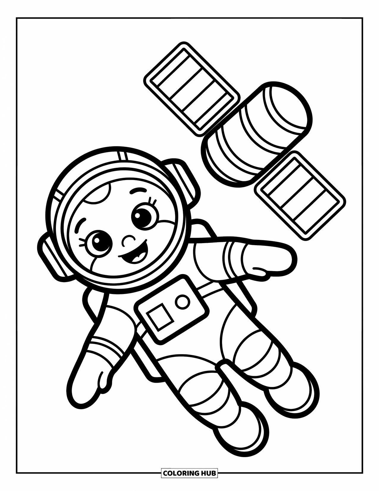 Science Coloring Page for Kids: Happy astronaut and satellite float together in a sky full of wonder