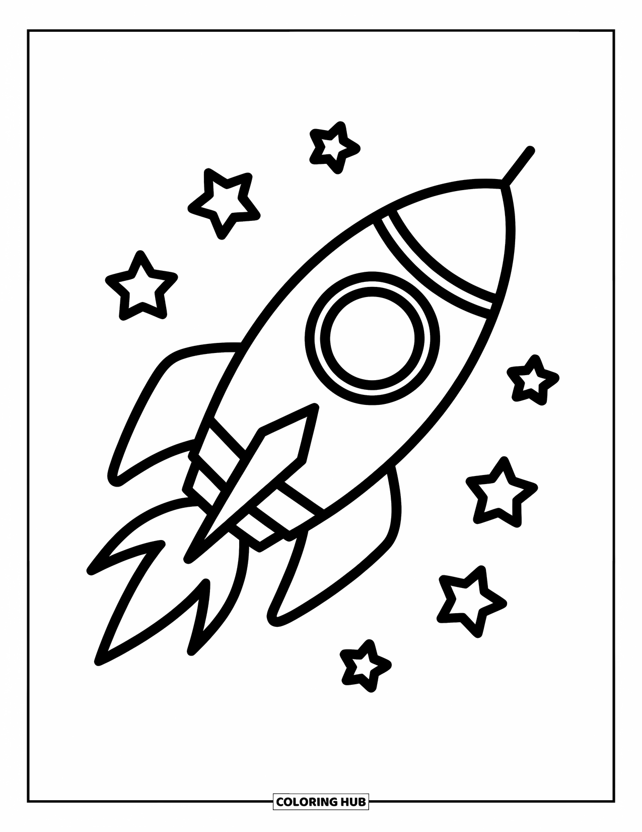 Science Coloring Page for Kids: Happy rocket floats among stars, ready for an exciting space trip