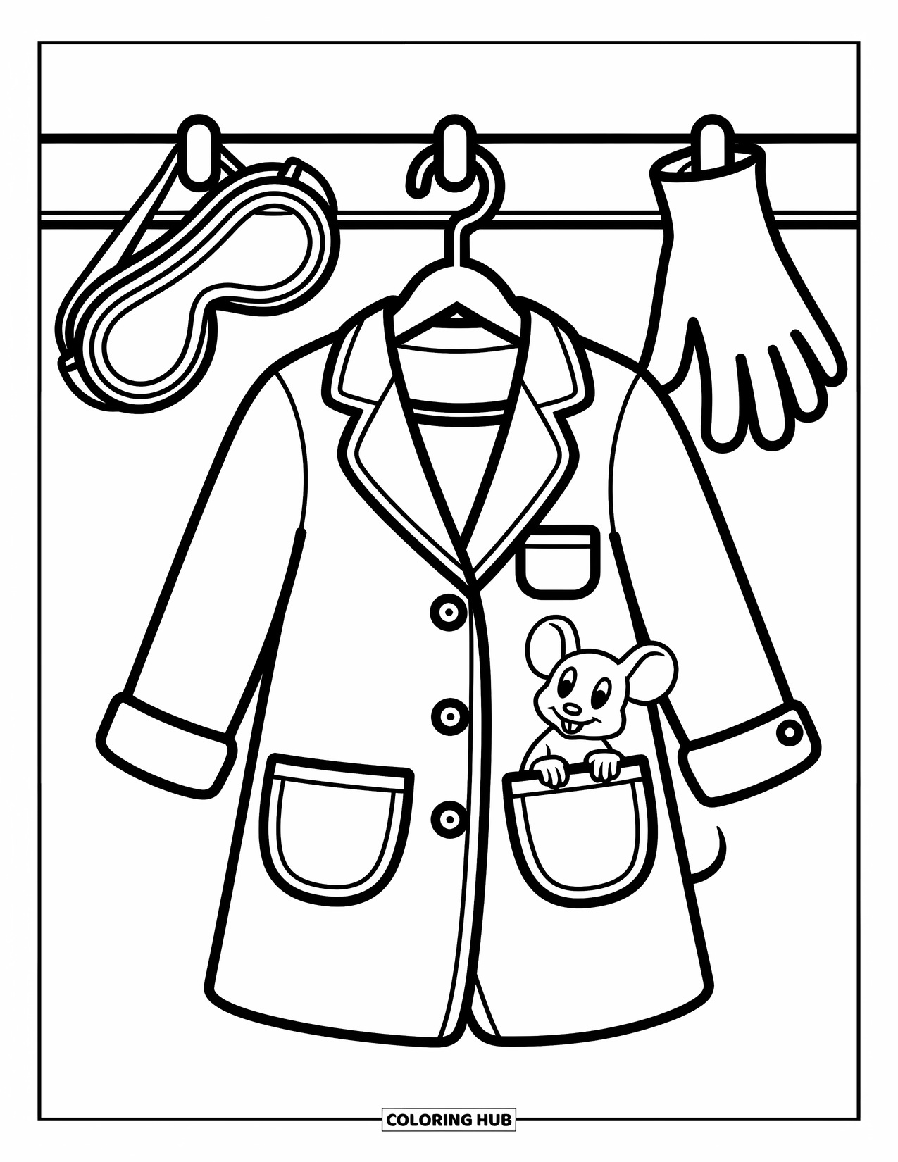 Science Coloring Page for Kids: Lab gear hangs with a peek from a curious little mouse behind the coat