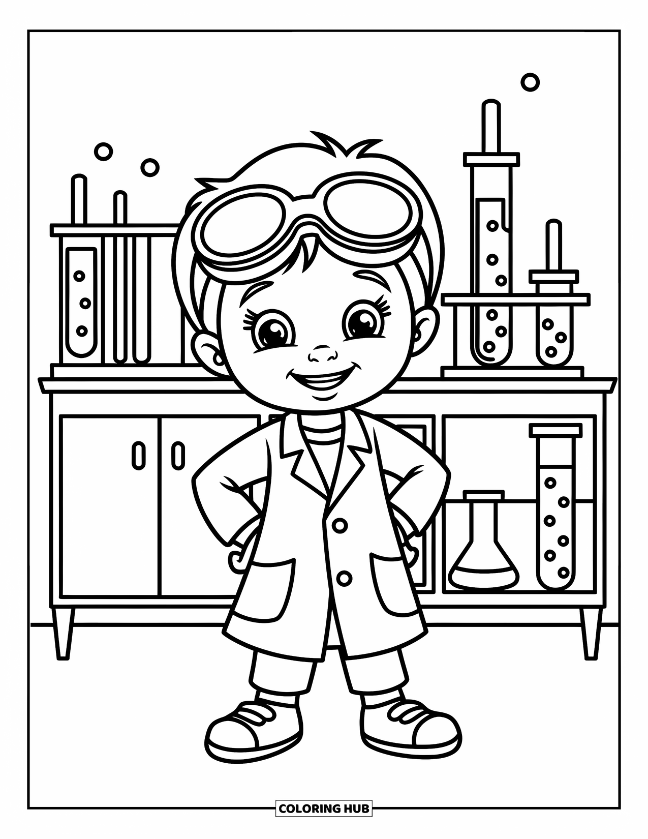 Science Coloring Page for Kids: Little scientist in goggles smiles wide in a fun, bubbly lab