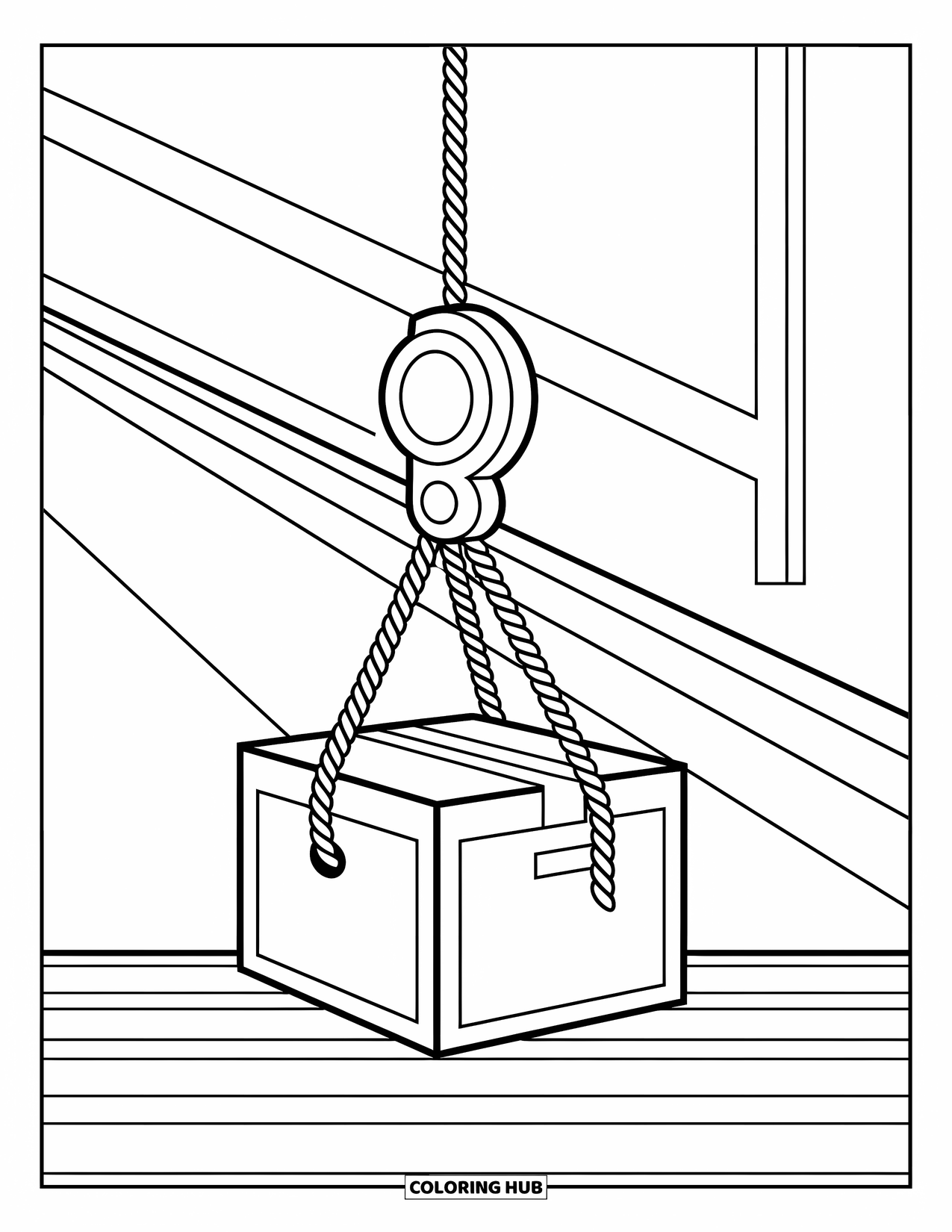 Science Coloring Page for Kids: Pulley lifts a box with labeled rope and wheel in a fun classroom scene