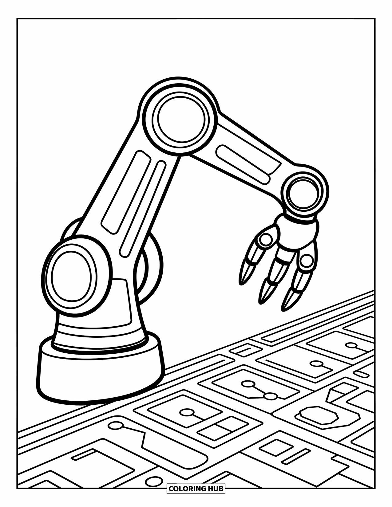 Science Coloring Page for Kids: Robot arm carefully assembles a circuit full of nodes and tiny connections