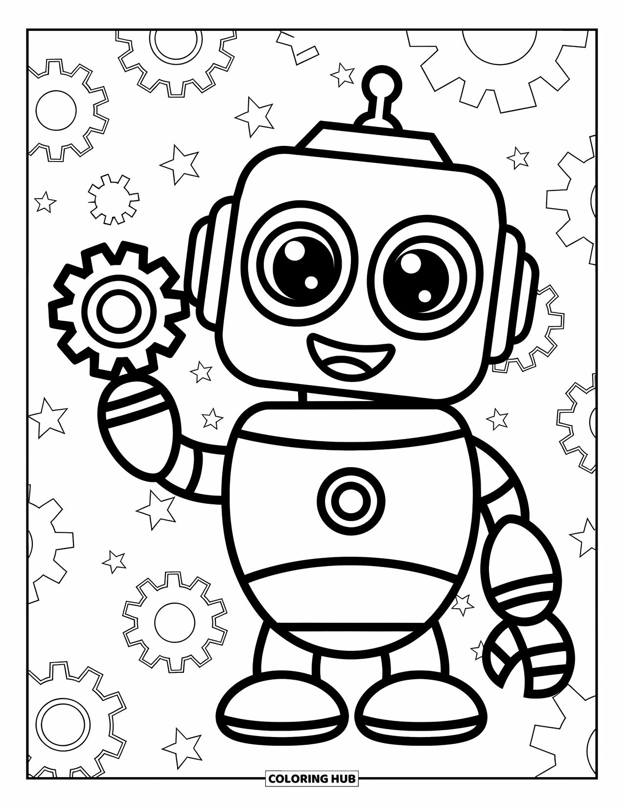 Science Coloring Page for Kids: Robot holds a gear with stars and gears floating in the background
