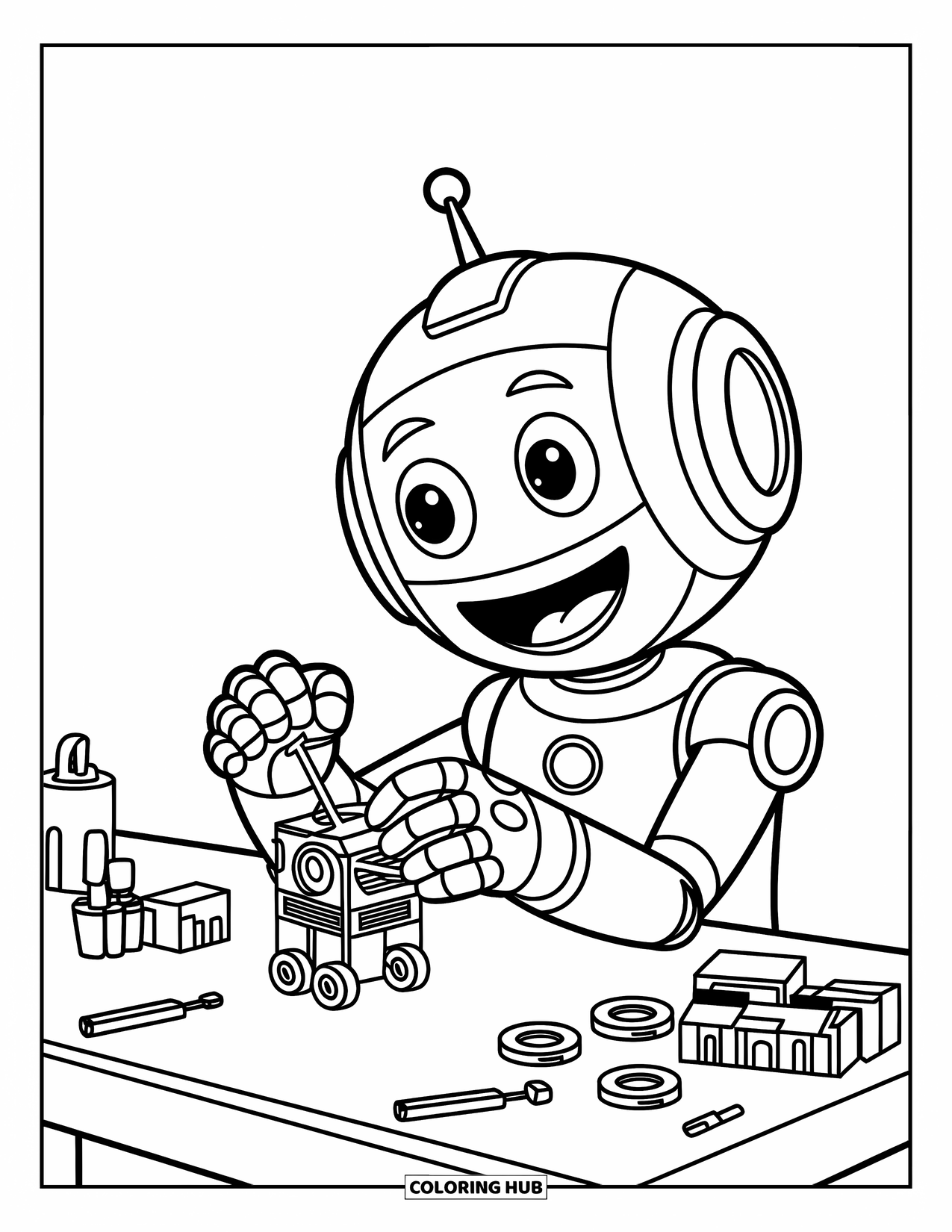 Science Coloring Page for Kids: Robot with big eyes tinkers with tools on a busy little workbench