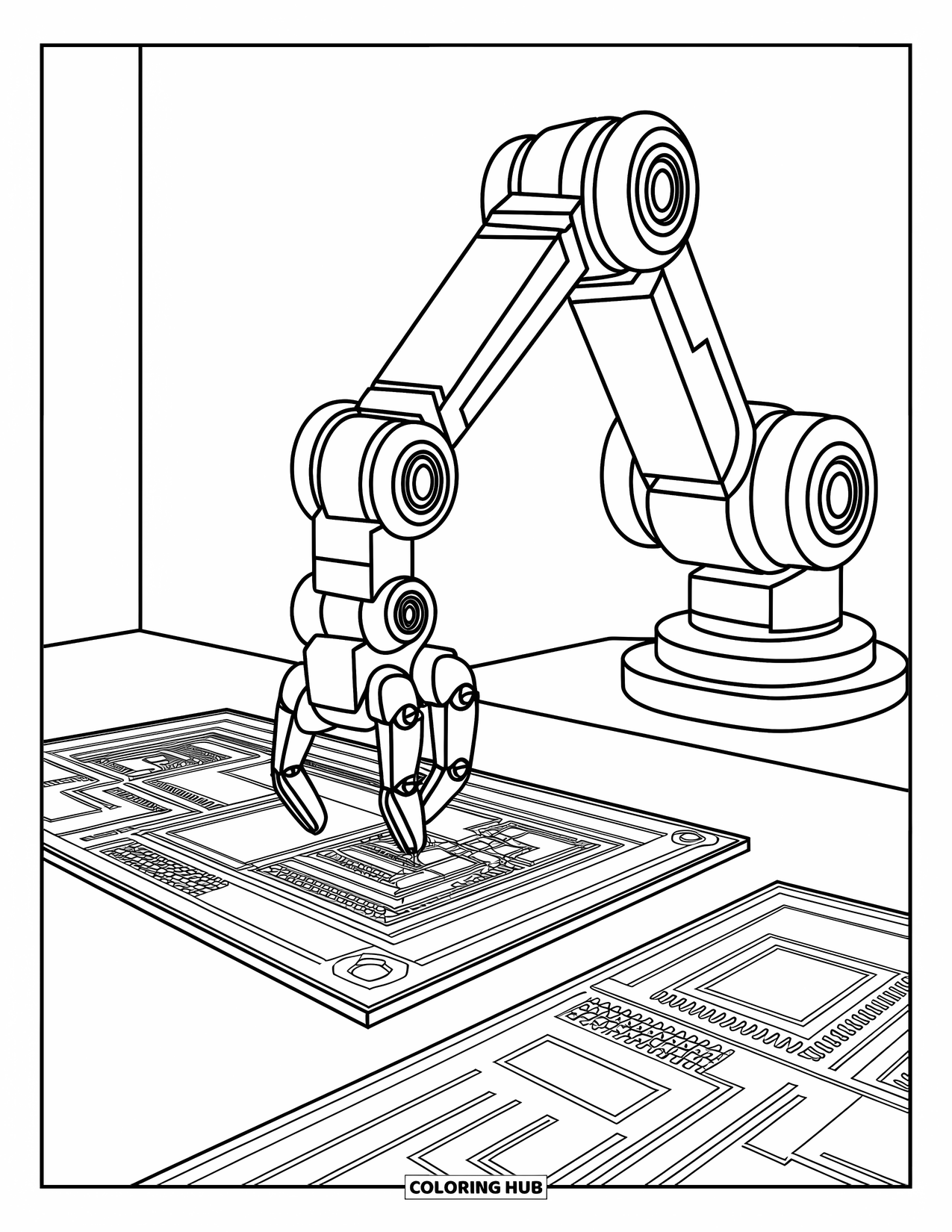Science Coloring Page for Kids: Robotic arm builds a circuit panel with focus and precision