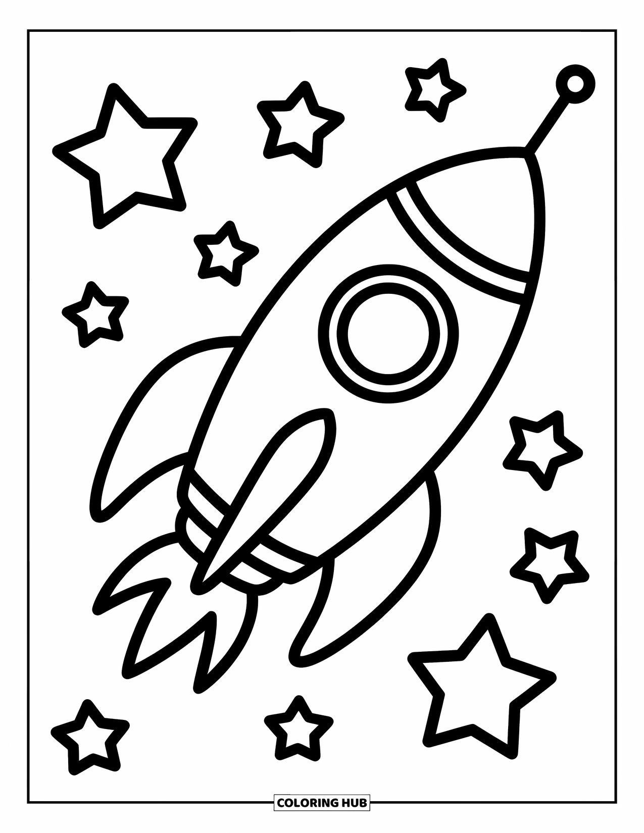 Science Coloring Page for Kids: Rocket with chubby fins drifts through a sky full of twinkly stars