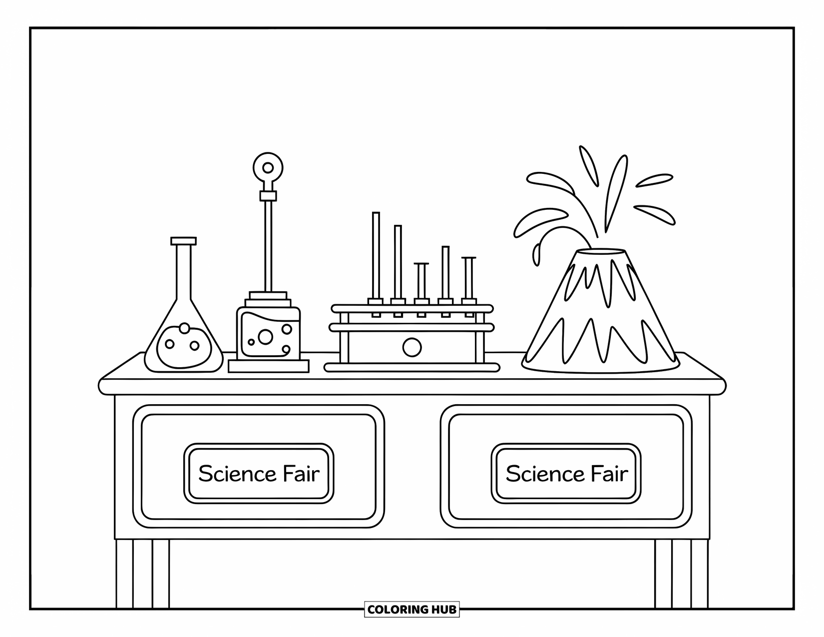 Science Coloring Page for Kids: Science fair table shows off cool experiments and a big model volcano