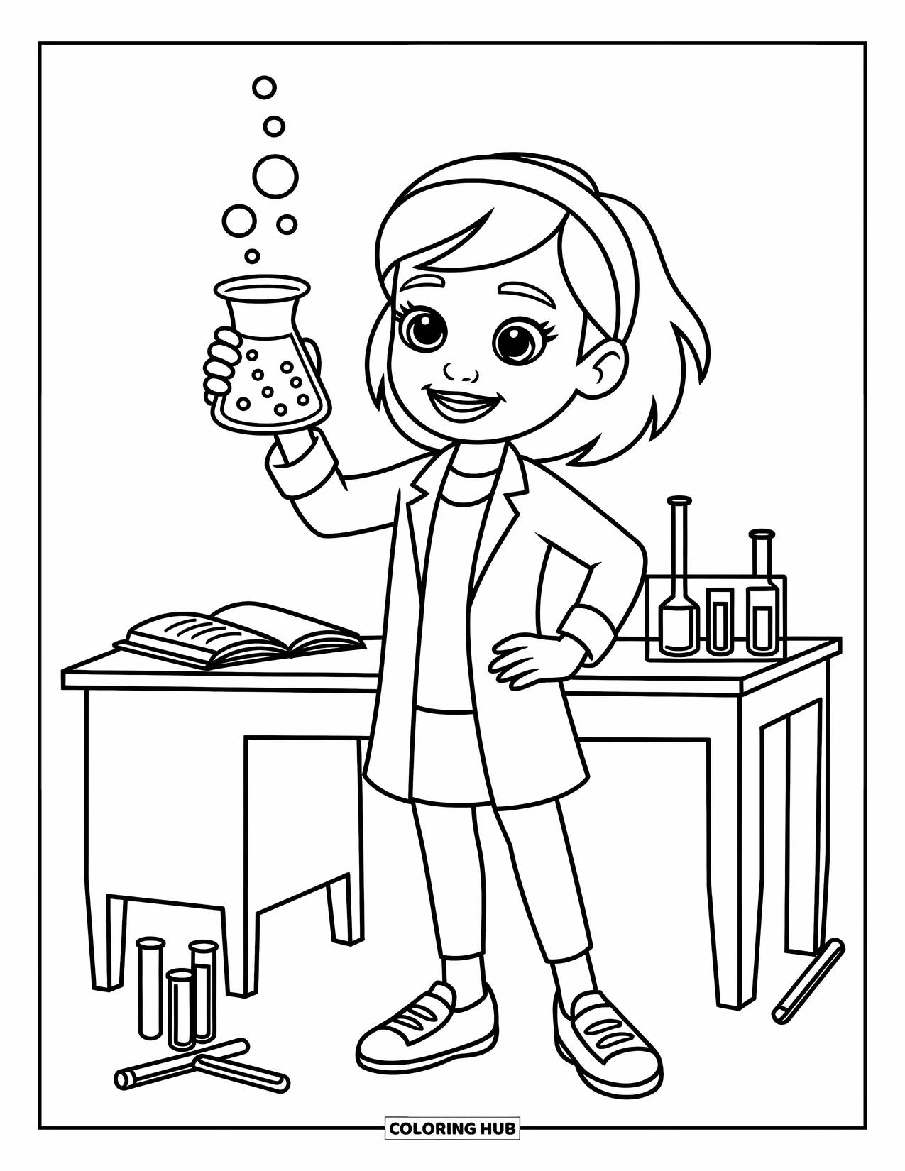 Science Coloring Page for Kids: Scientist smiles while holding a beaker, surrounded by books and test tubes