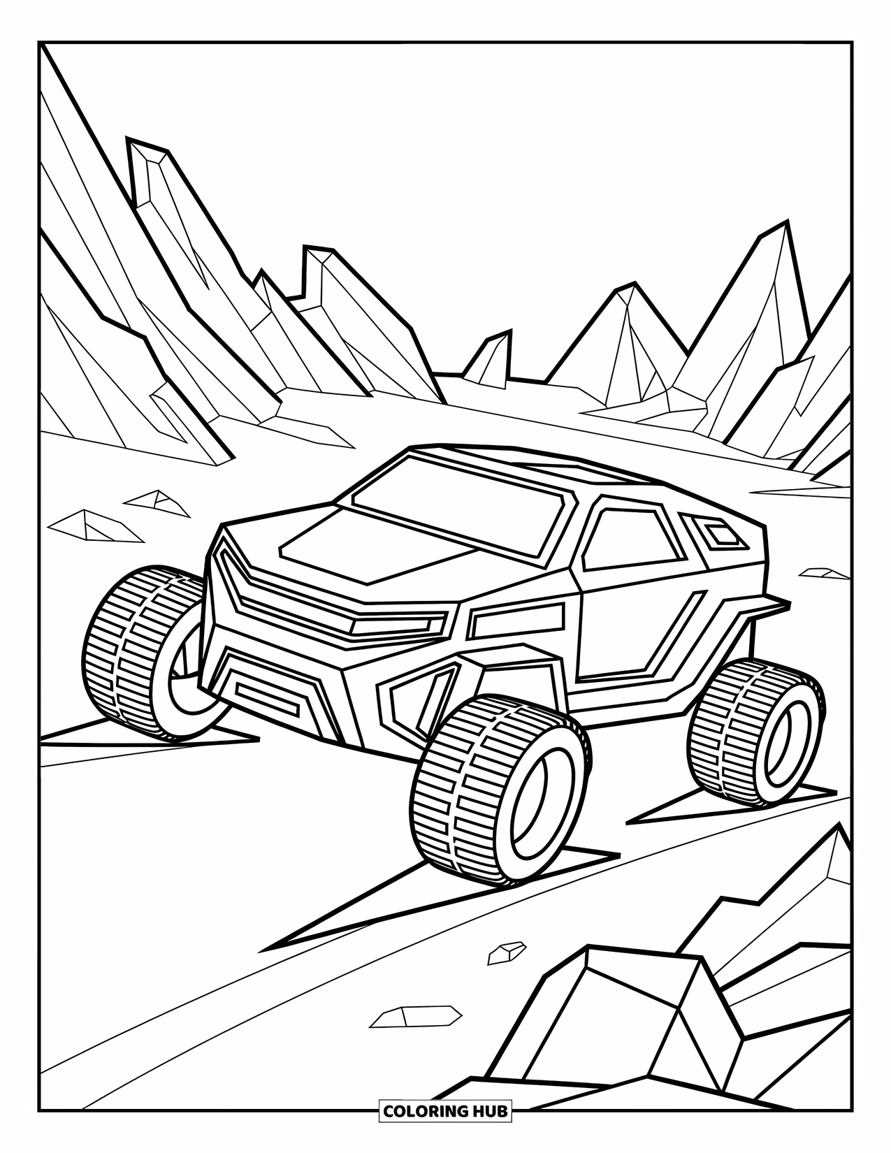Science Coloring Page for Kids: Sleek rover explores craters and sharp rocks with a sense of adventure