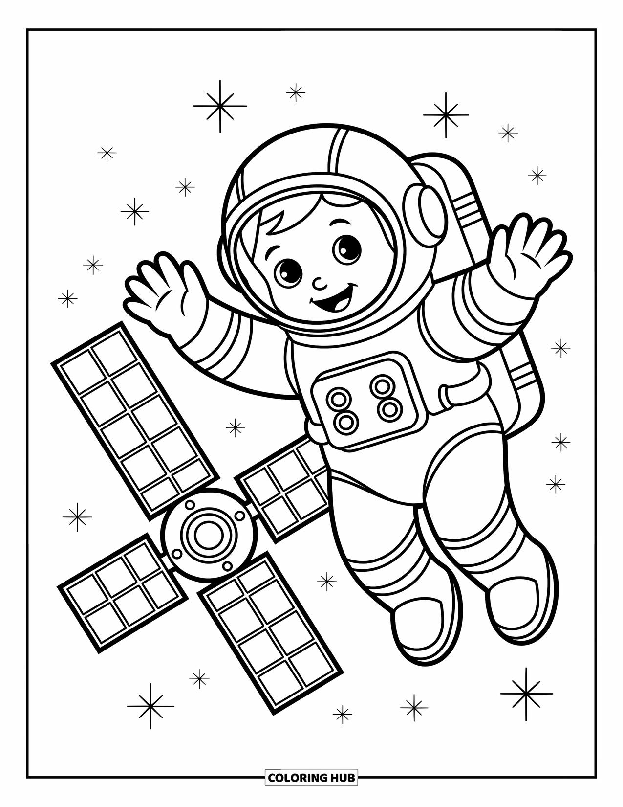 Science Coloring Page for Kids: Smiling astronaut reaches for a satellite under a sky filled with stars