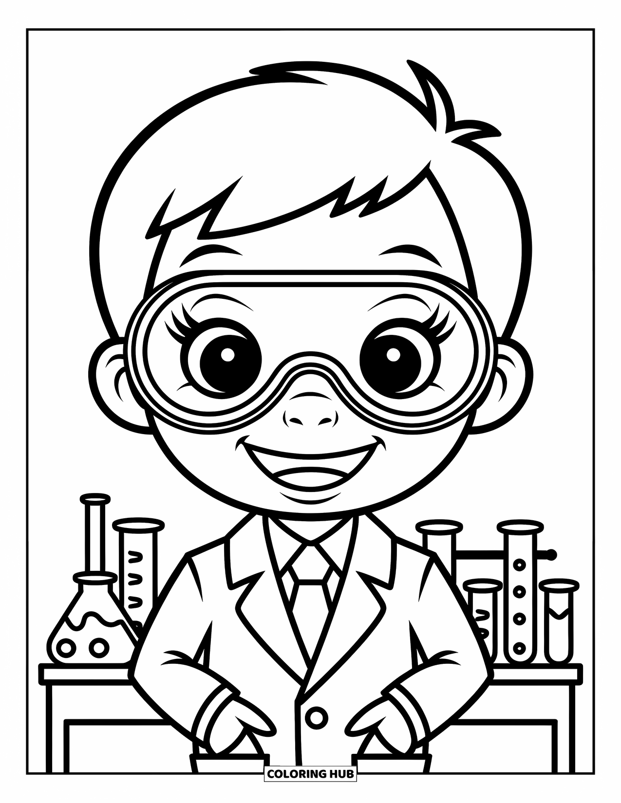 Science Coloring Page for Kids: Smiling child scientist stands proud with big goggles and playful lab gear