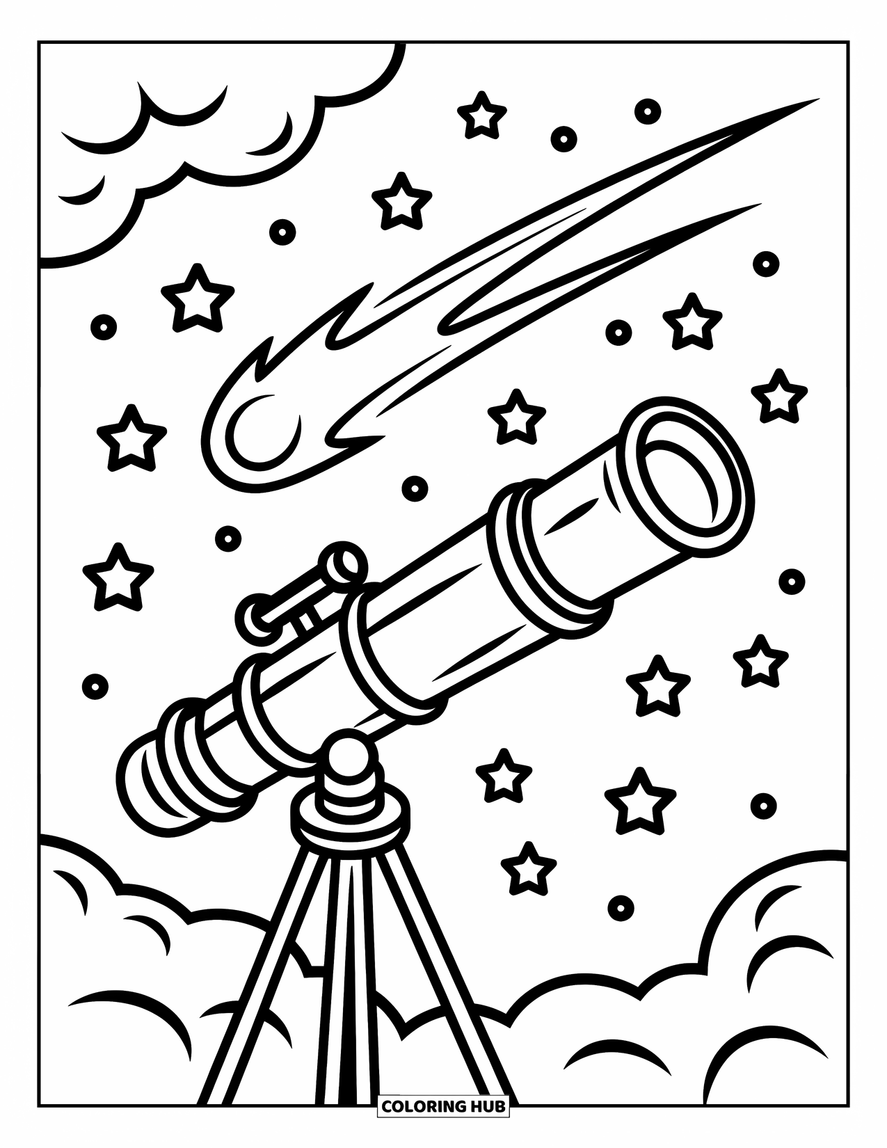 Science Coloring Page for Kids: Stars twinkle as a telescope follows a comet's glowing trail