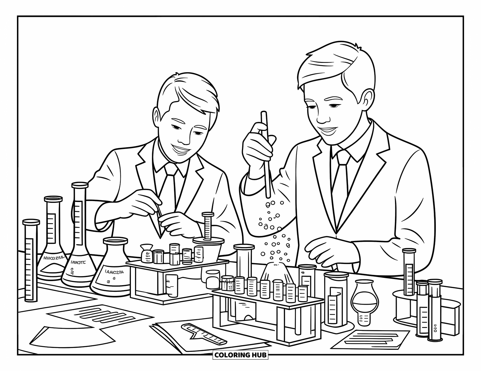 Science Coloring Page for Kids: Students huddle over test tubes in a science room full of fun and focus