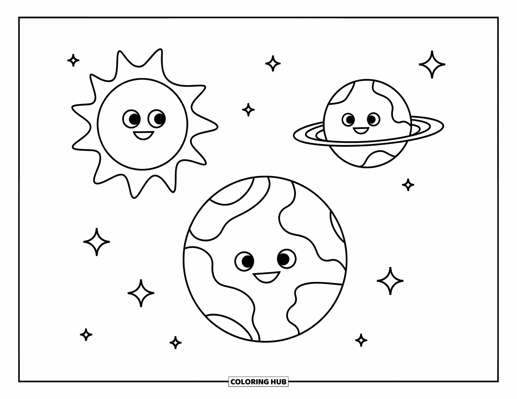 Science Coloring Page for Kids: Sun, Earth, and moon float together with big smiles and happy energy