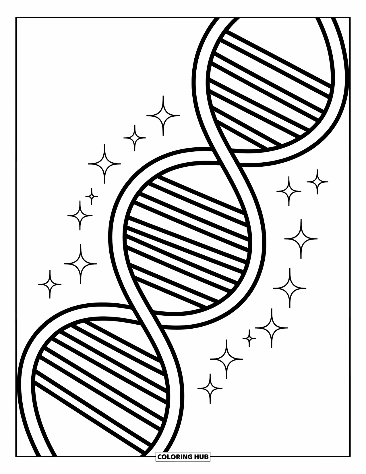 Science Coloring Page for Kids: Swirling DNA strand with magical loops and twinkly stars all around