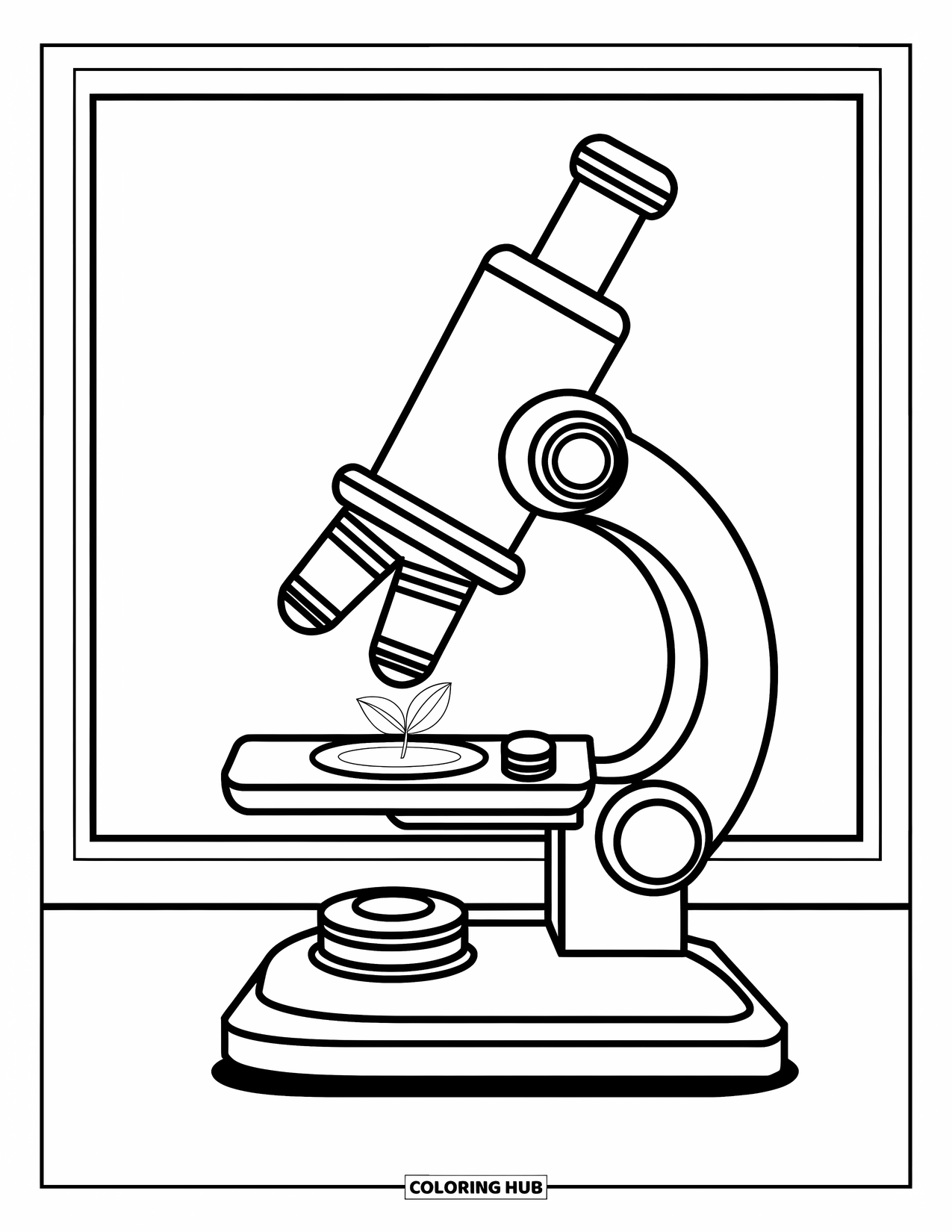 Science Coloring Page for Kids: Tiny plant sits under a microscope, ready for curious eyes to explore