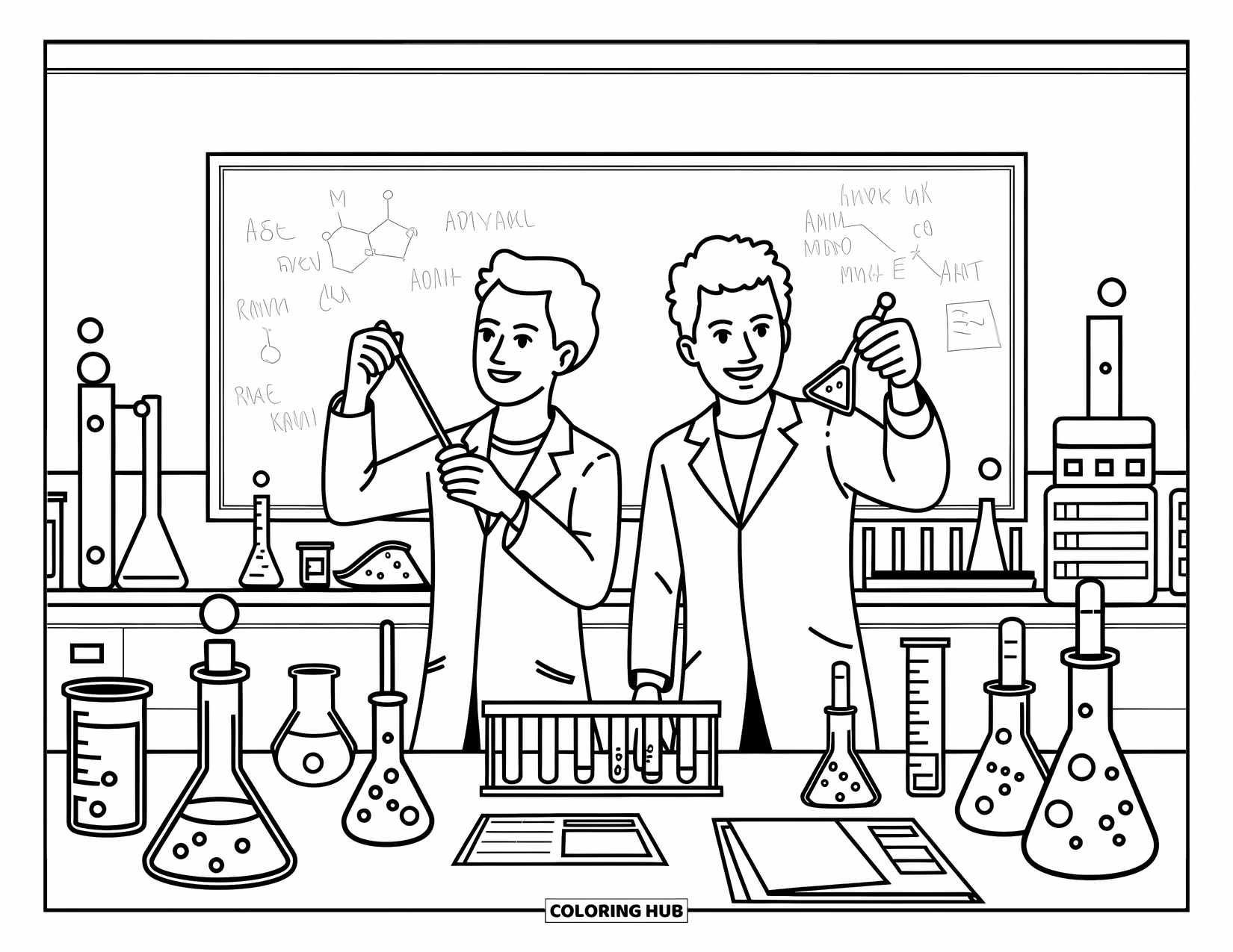 Science Coloring Page for Kids: Two young scientists explore reactions with beakers and a chalkboard full of notes