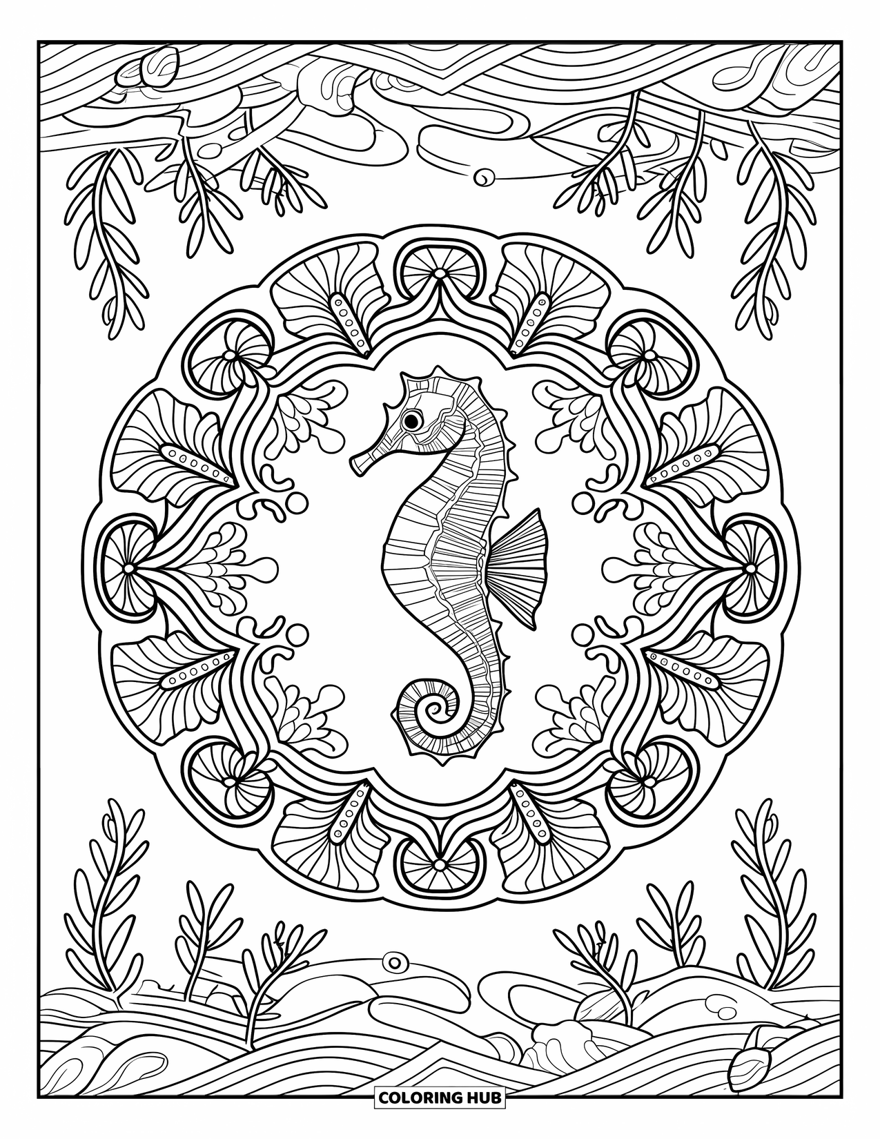 Seahorse Coloring Page for Adults: A centered seahorse is surrounded by a full botanical mandala of sea plants